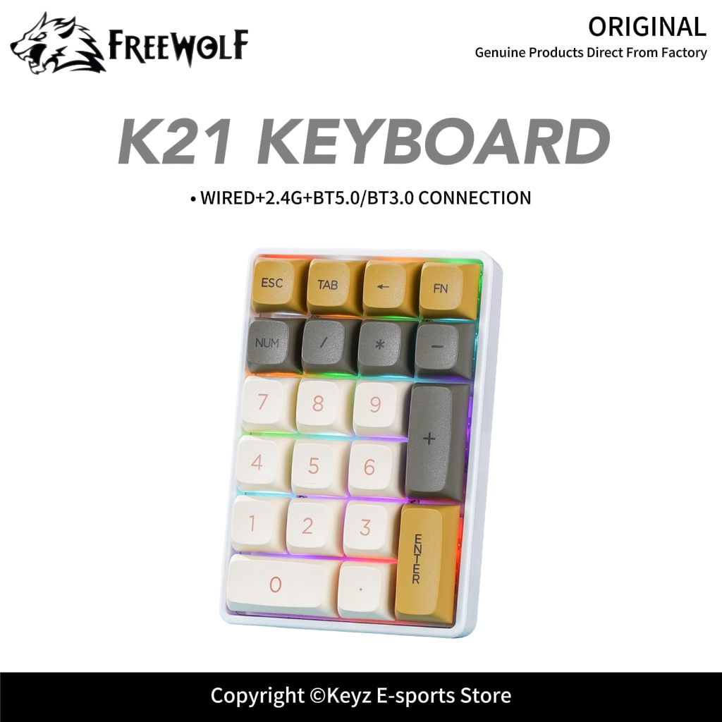 Keyboard Numpad Separate - คีย์แพดตัวเลขแบบกลไก K21 Tri-mode FREEWOLF พร้อมปุ่มกด PBT